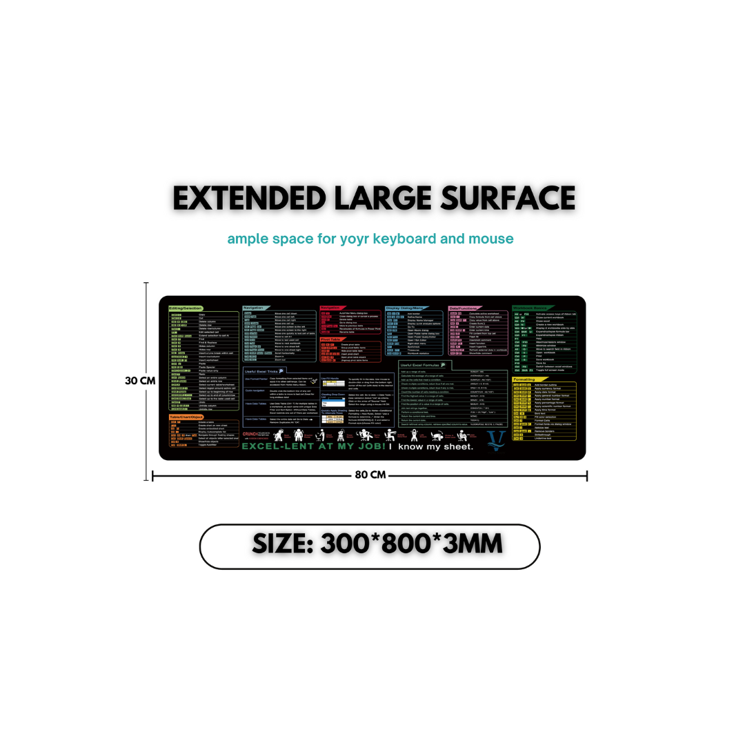 Excel Shortcut Mouse Pad โ 800x300mm XL Desk Mat for Office & Home โ Non-Slip Base, Locked Edge, Printed Spreadsheet Shortcuts