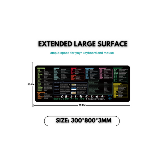 Excel Shortcut Mouse Pad – 800x300mm XL Desk Mat for Office & Home – Non-Slip Base, Locked Edge, Printed Spreadsheet Shortcuts