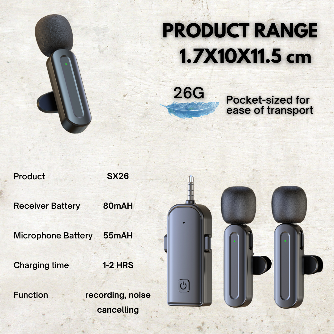 SX26 Wireless Microphone with 2 Noise-Canceling Mics, USB-C Fast Charging, Lightweight Design for Streaming, Video Recording, and Interviews