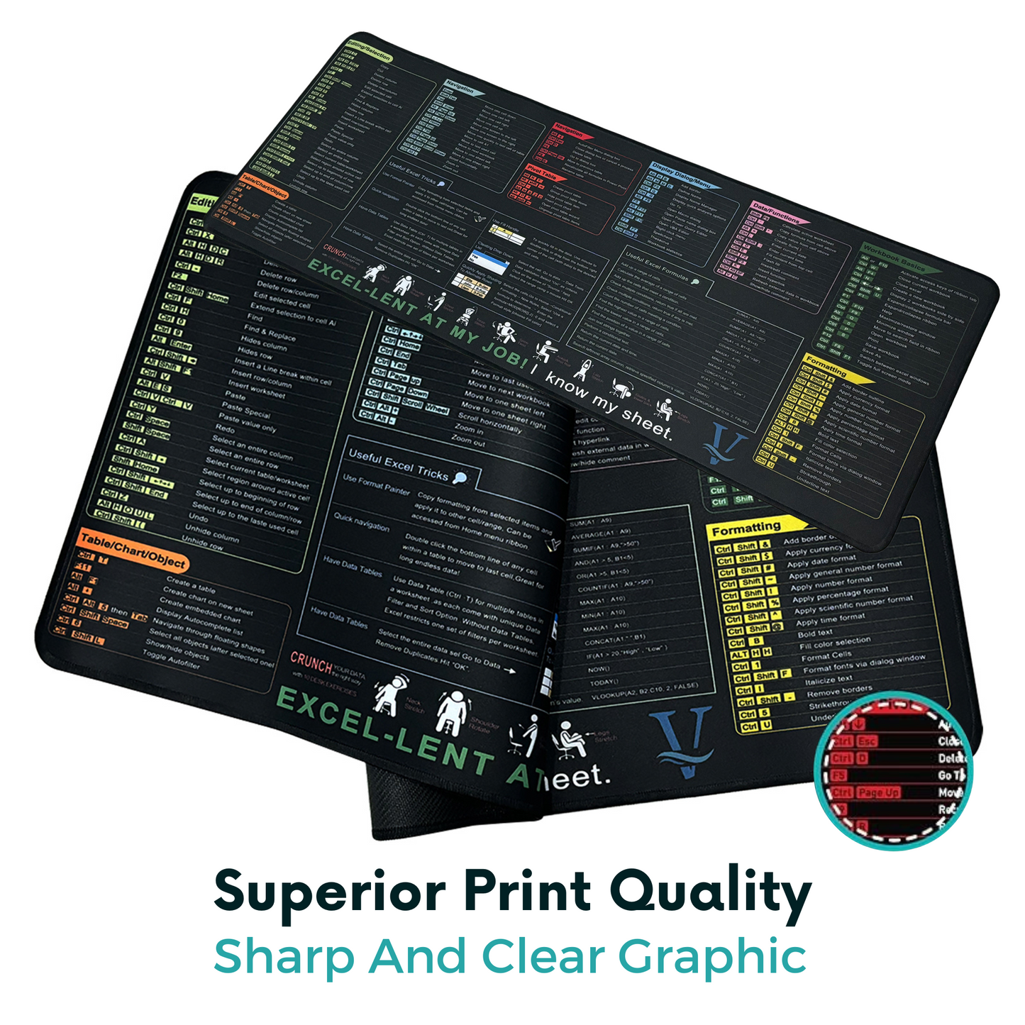 Excel Shortcut Mouse Pad โ 800x300mm XL Desk Mat for Office & Home โ Non-Slip Base, Locked Edge, Printed Spreadsheet Shortcuts
