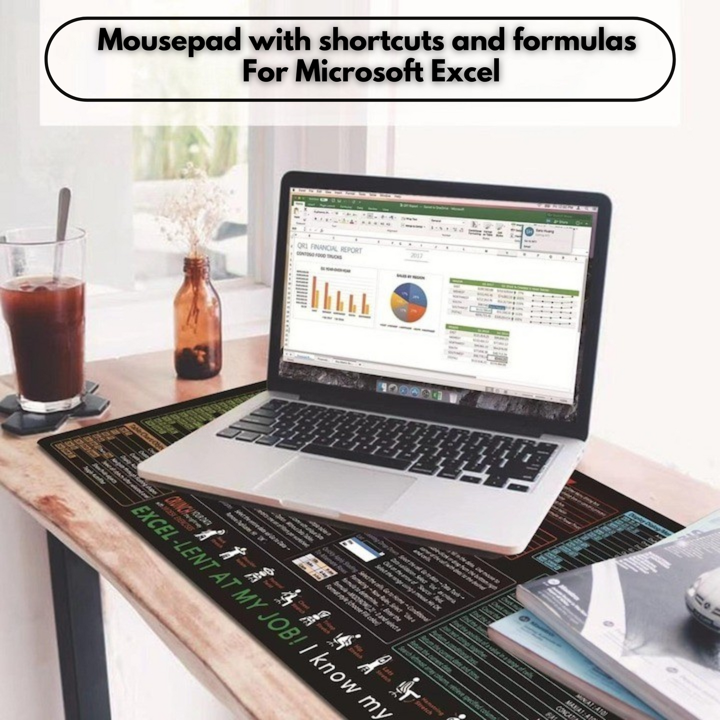 Excel Shortcut Mouse Pad – 800x300mm XL Desk Mat for Office & Home – Non-Slip Base, Locked Edge, Printed Spreadsheet Shortcuts