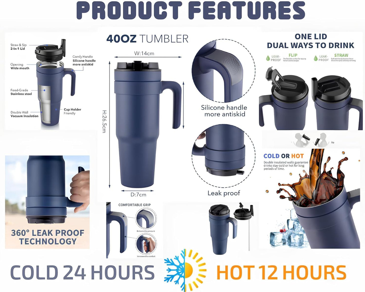 Stainless Steel Coffee Mug with Handle for Hot and Cold Drinks, Travel Mug