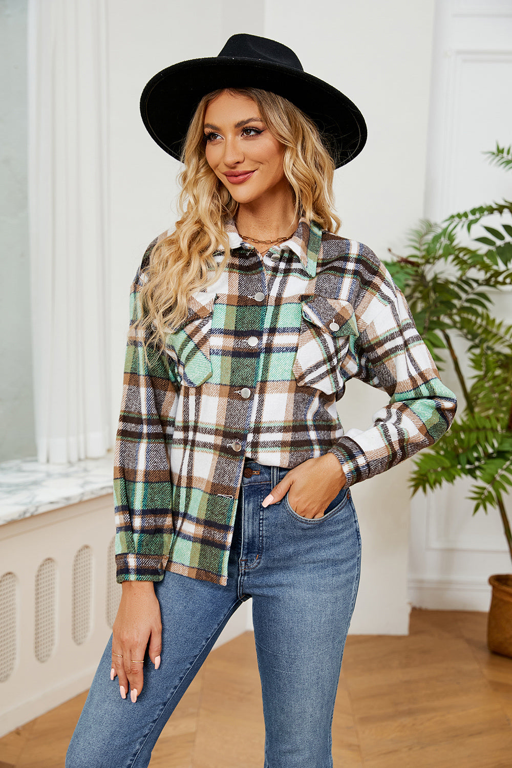 Button Down Collared Plaid Shacket