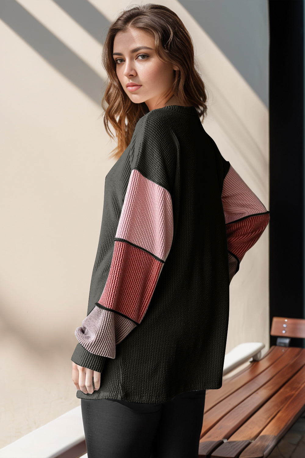 Double Take Full Size Color Block Round Neck Long Sleeve T-Shirt