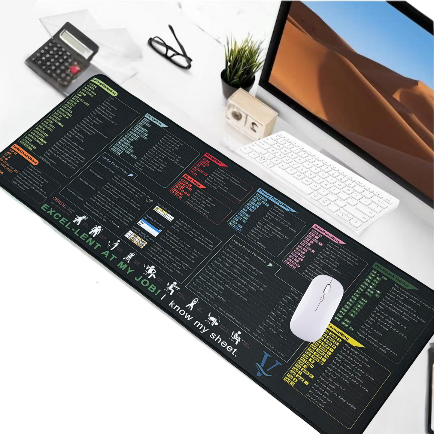 Excel Shortcut Mouse Pad – 800x300mm XL Desk Mat for Office & Home – Non-Slip Base, Locked Edge, Printed Spreadsheet Shortcuts