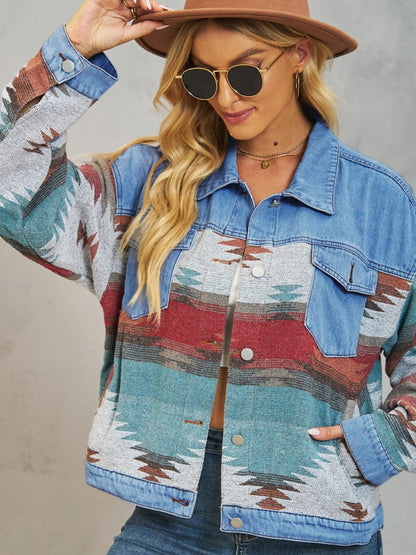 Geometric Button Up Dropped Shoulder Denim Jacket