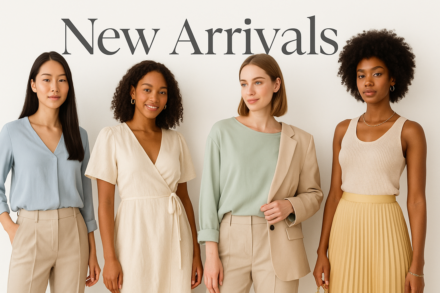 Create a bright and modern banner image for a women's "New Arrivals" collection.
Include a few female models wearing casual and stylish outfits in a variety of colors, inspired by the store’s aesthetic.
Use soft pastel colors with elegant beige and gold accents.
The background should be clean, minimal, and bright (#FAFAFA).
Include the text "New Arrivals" in a clear, classy font.