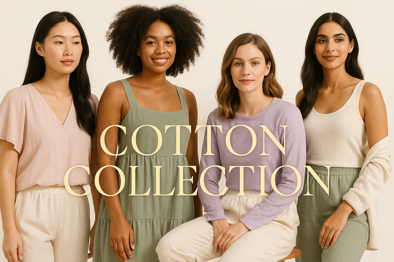 Create a fresh and modern banner image for a women's "Cotton Collection".
Include a few female models wearing casual, comfortable, and stylish cotton outfits such as tops, dresses, and bottoms.
Use soft pastel colors with elegant beige and gold accents, matching the store’s aesthetic.
The background should be clean, minimal, and bright (#FAFAFA).
Integrate the text "Cotton Collection" in a classy, readable font.