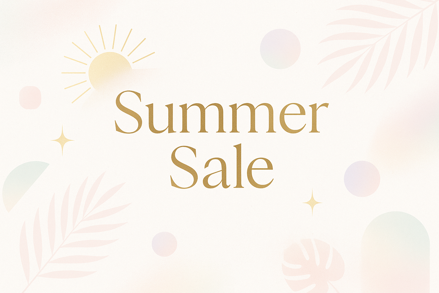 Create a fun, casual, and vibrant Summer Sale banner image for a women's online store. Use soft pastel colors with elegant beige and gold accents to match the store branding. Include summer vibes like sun, light textures, and playful elements, keeping the composition clean and minimal (#FAFAFA background) so text stands out. Make it cheerful and inviting, suitable for all types of products. Integrate the text "Summer Sale" in a stylish, readable, and modern font, with space for optional discount or tagline.