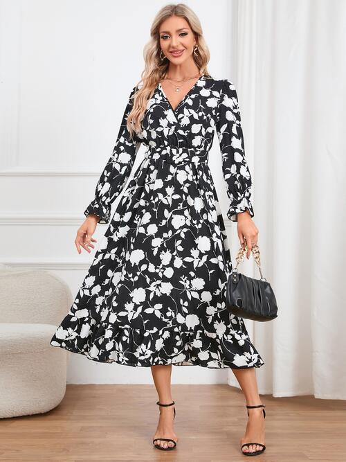 Floral Surplice Flounce Sleeve Ruffle Hem Dress