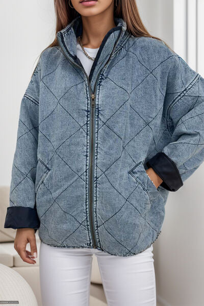 Pocketed Zip Up Dropped Shoulder Denim Jacket