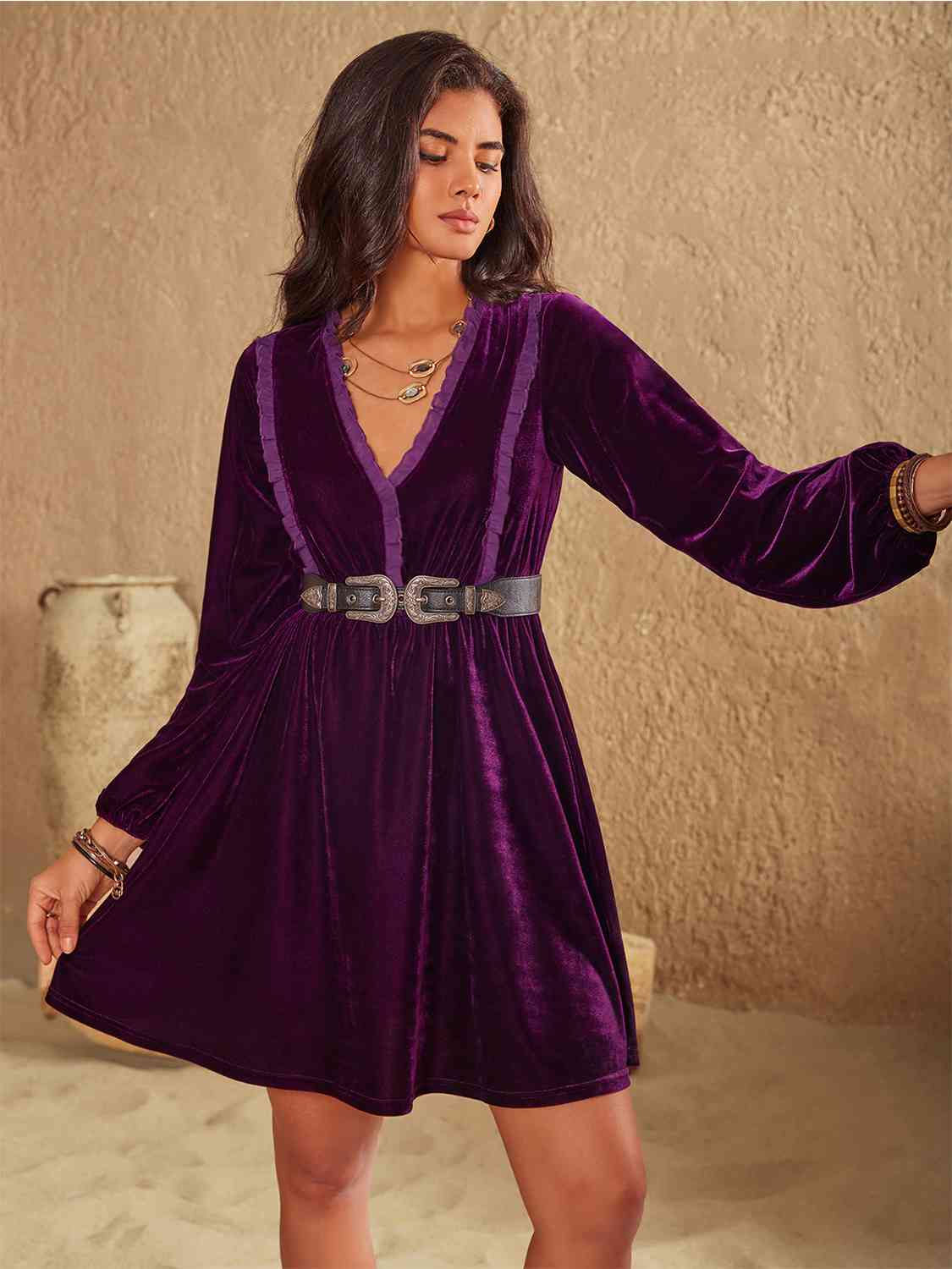 Ruffled V-Neck Long Sleeve Dress