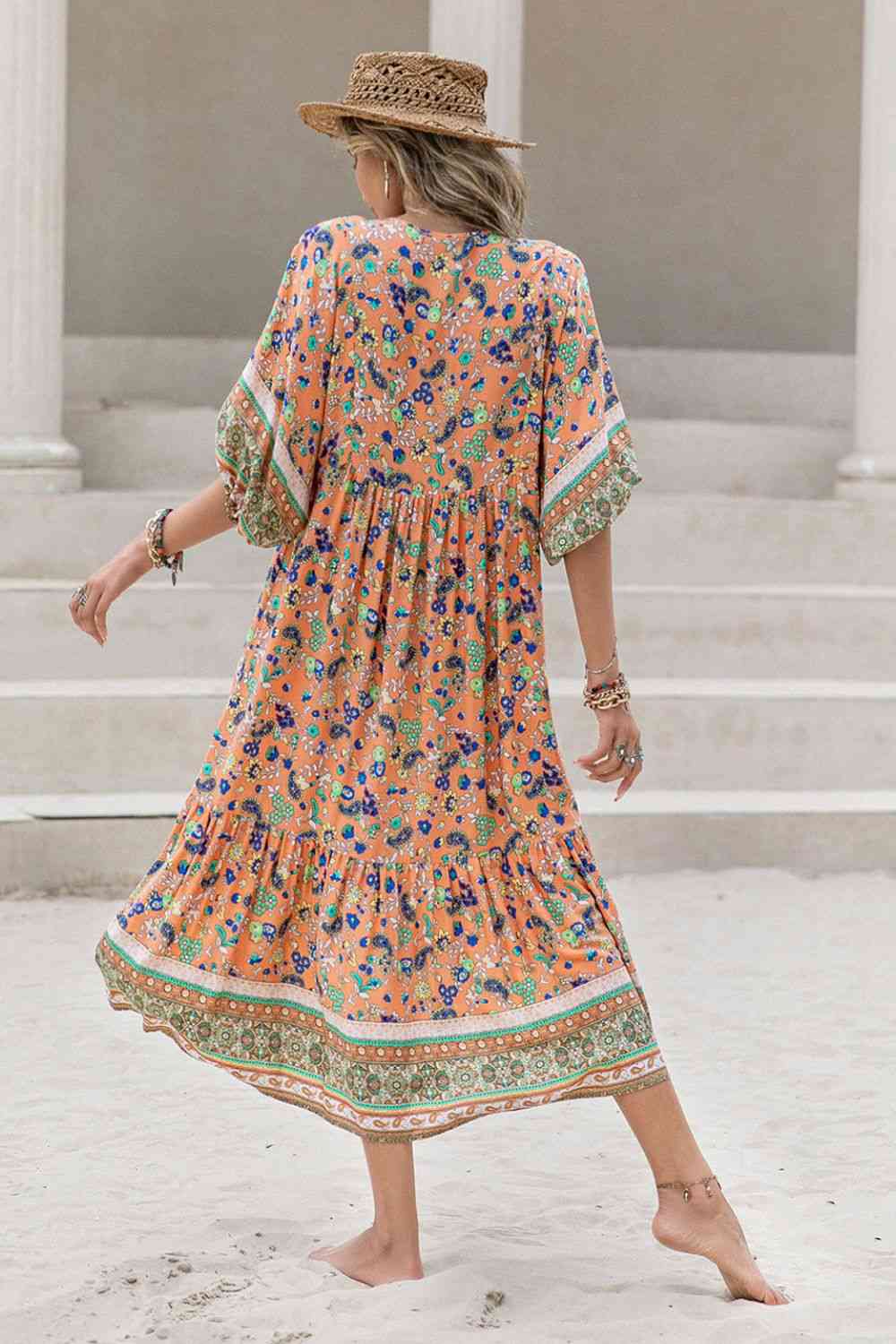 Printed V-Neck Short Sleeve Maxi Dress