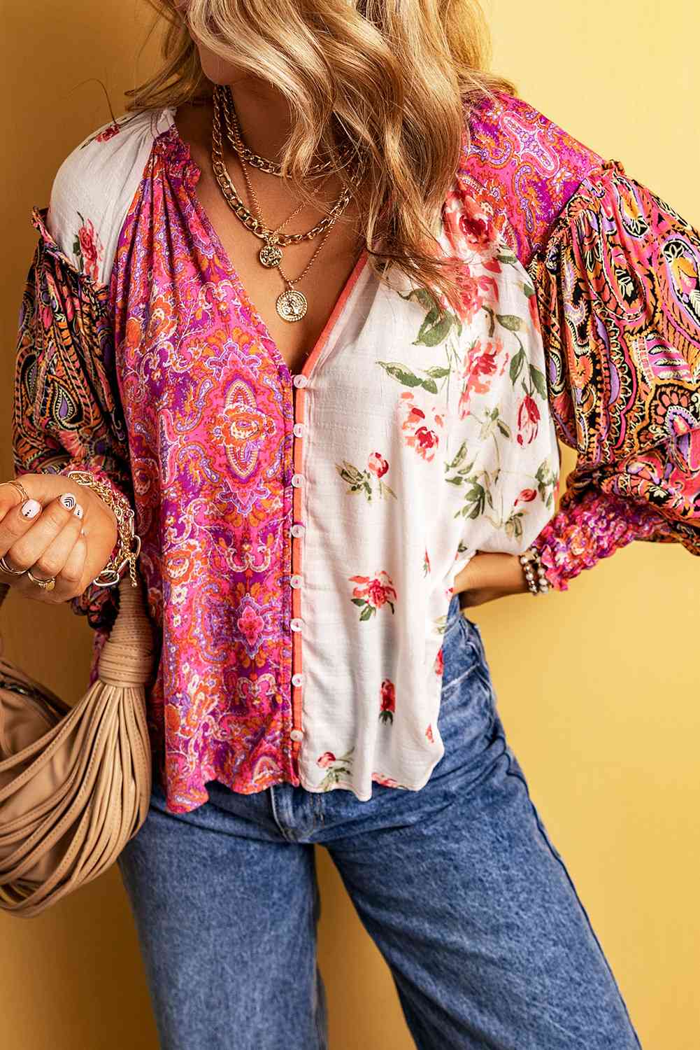 Multicolor Floral Notched Neck Lantern Sleeve Blouse