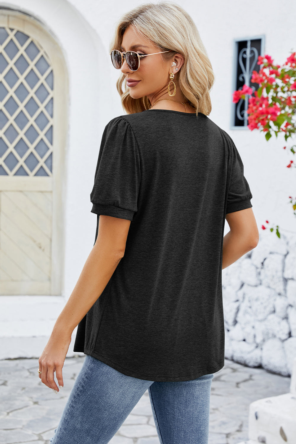 Ruched Scoop Neck Short Sleeve Blouse