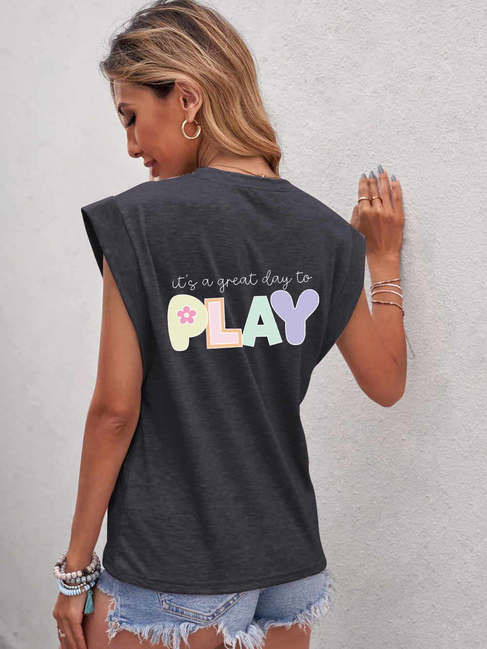 Full Size Letter Graphic Round Neck Cap Sleeve T-Shirt