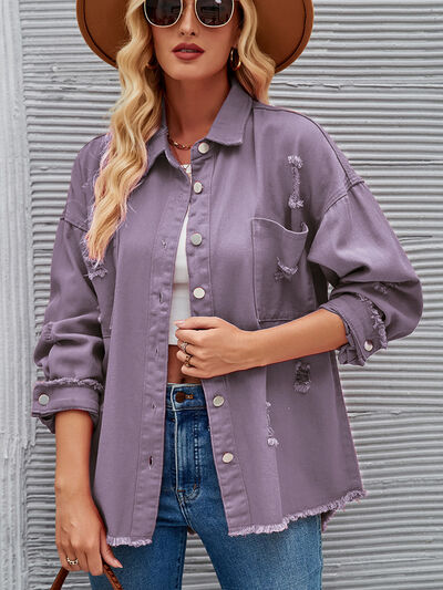 Distressed Raw Hem Button Up Denim Jacket