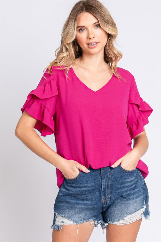 GeeGee V-Neck Ruffle Trim Short Sleeve Blouse