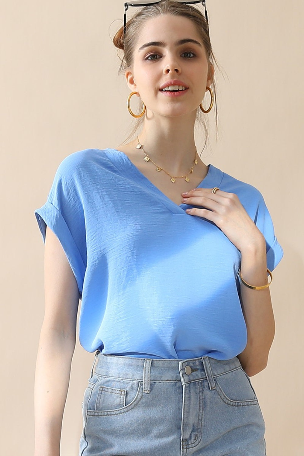 Ninexis V-Neck Trim Rolled Short Sleeve Shirt