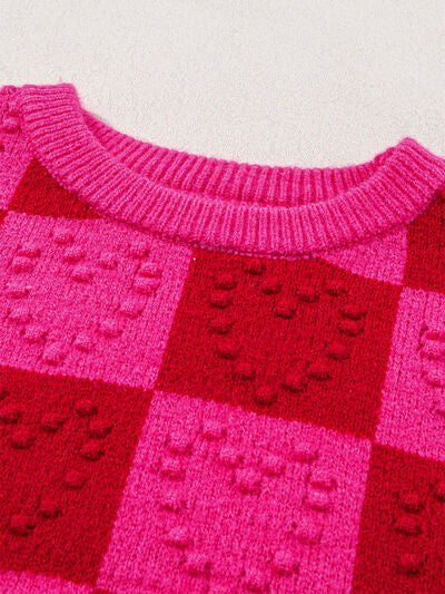 Plaid Heart Round Neck Sweater