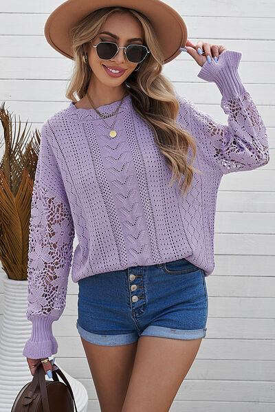 Openwork Lantern Sleeve Dropped Shoulder Sweater