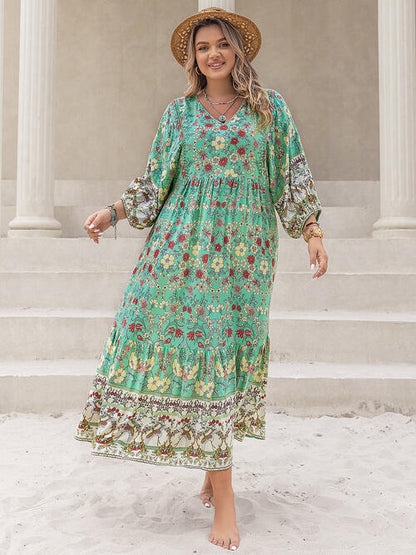 Plus Size Floral V-Neck Balloon Sleeve Midi Dress