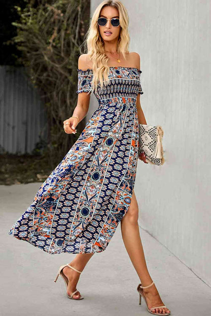 Bohemian Off-Shoulder Frill Trim Split Dress