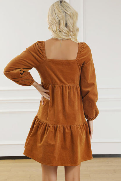 Square Neck Long Sleeve Tiered Dress