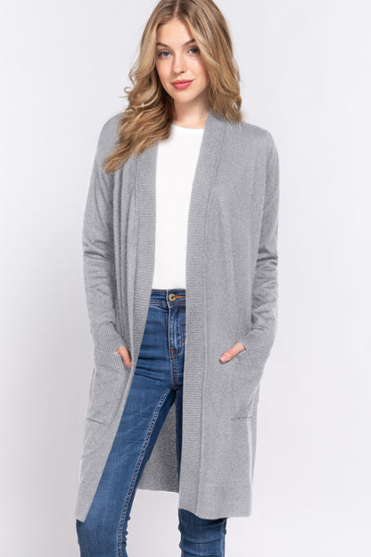 ACTIVE BASIC Open Front Rib Trim Long Sleeve Knit Cardigan