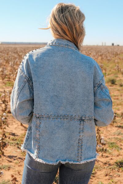 Studded Button Up Raw Hem Denim Jacket