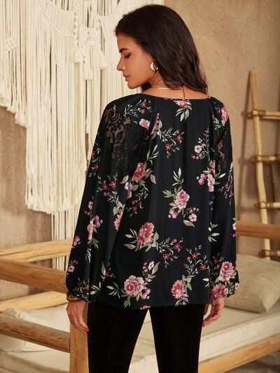 Flower Printed Tie Neck Long Sleeve Blouse