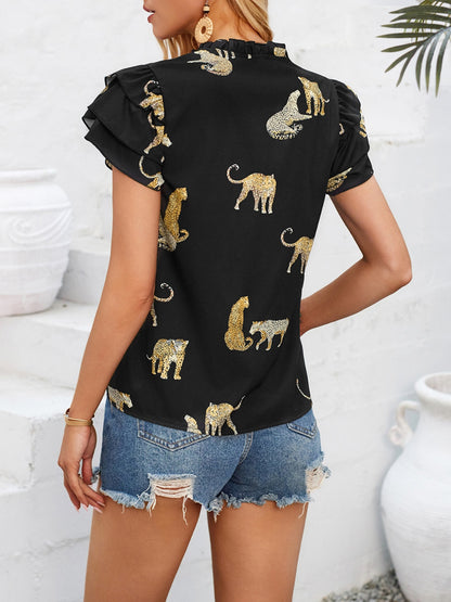 Ruffled Printed Tie Neck Short Sleeve Blouse