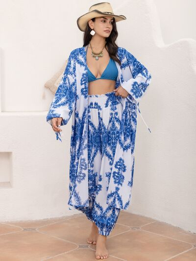 Printed Open Front Top and Pants Set