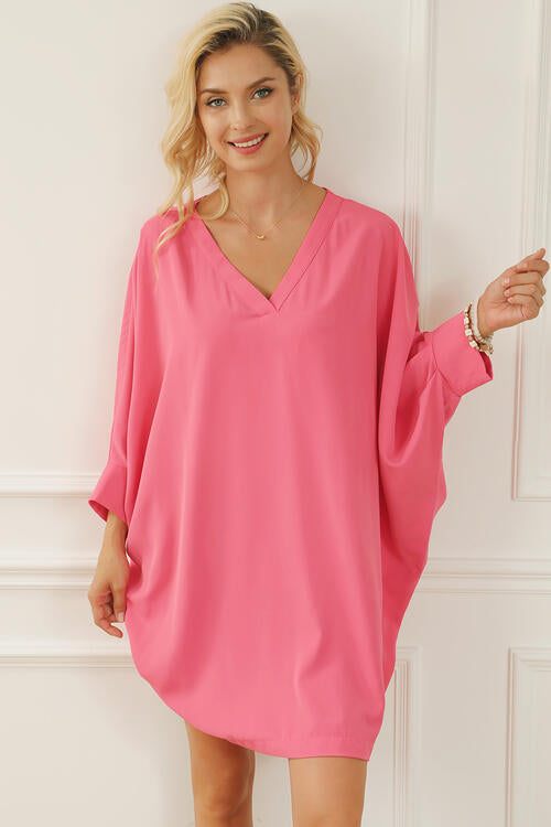 V-Neck Batwing Sleeve Mini Dress