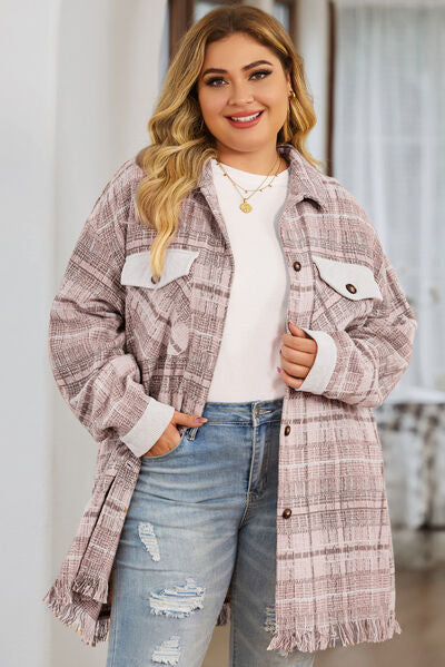 Plus Size Plaid Button Up Dropped Shoulder Outerwear