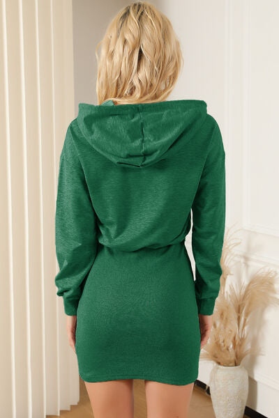 Half Zip Drawstring Hooded Mini Dress