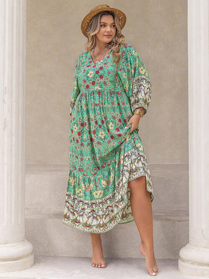 Plus Size Floral V-Neck Balloon Sleeve Midi Dress