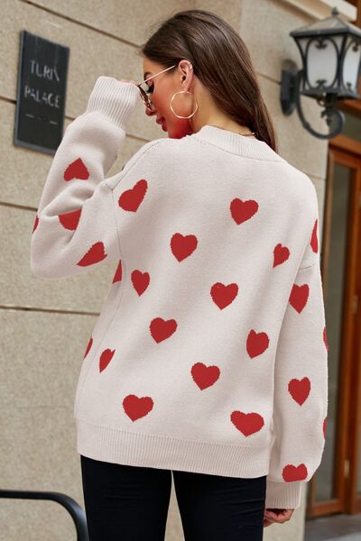 Woven Right Heart Pattern Lantern Sleeve Round Neck Tunic Sweater