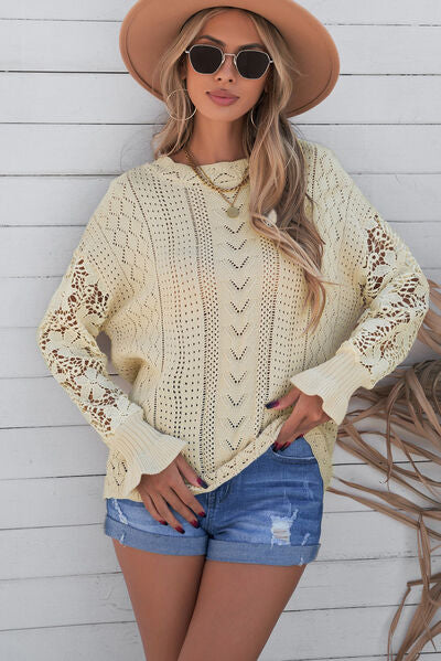 Openwork Lantern Sleeve Dropped Shoulder Sweater