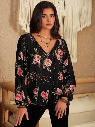 Flower Printed Tie Neck Long Sleeve Blouse