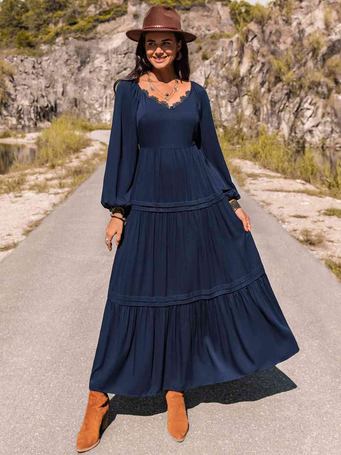 Long Sleeve Lace Trim Maxi Dress