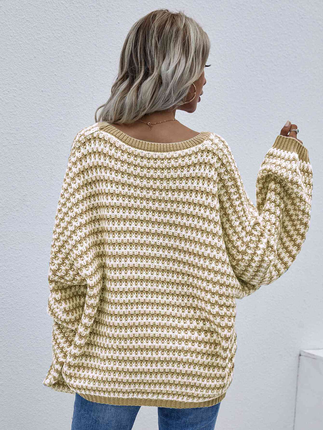 Striped Drop Shoulder V-Neck Pullover Sweater