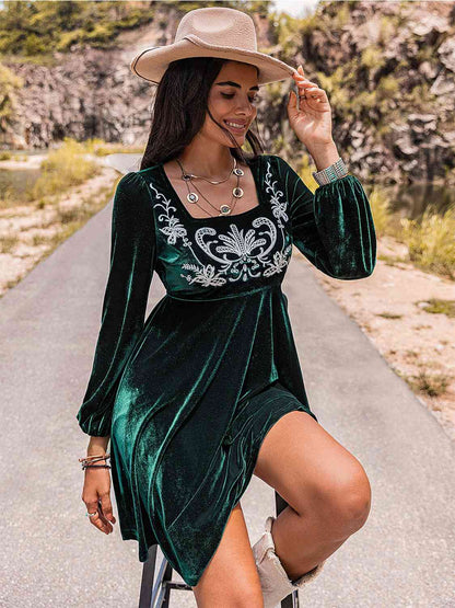 Embroidered Square Neck Long Sleeve Dress