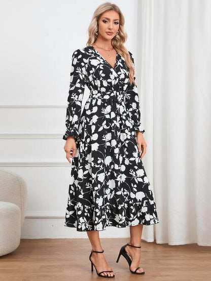 Floral Surplice Flounce Sleeve Ruffle Hem Dress