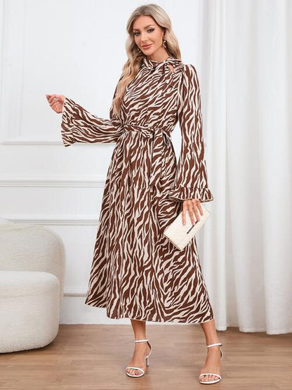 Animal Print Tie Front Ruffle Trim Dress