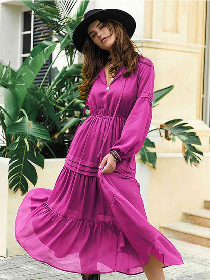 Tie Neck Long Sleeve Midi Tiered Dress