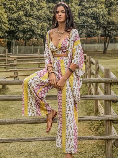 Printed Cami,Open Front Cover Up and Wide Leg Pants Set