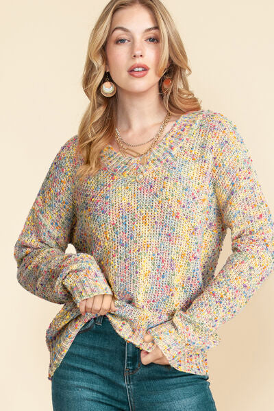 Heathered V-Neck Dropped Shoulder Sweater