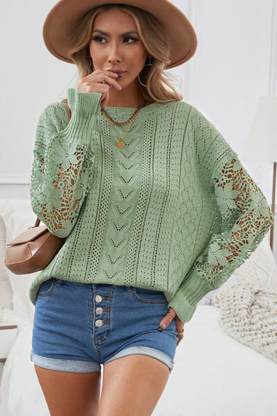 Openwork Lantern Sleeve Dropped Shoulder Sweater