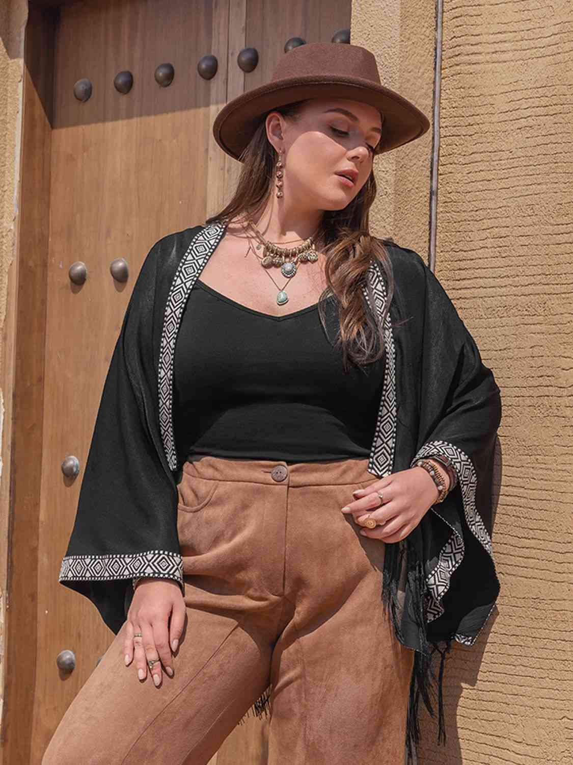 Plus Size Geometric Open Front Fringe Hem Cardigan